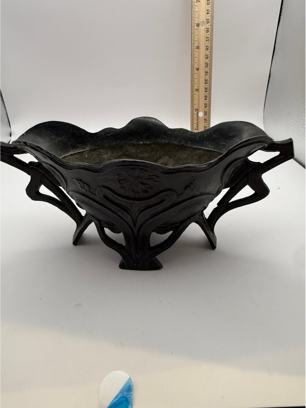 Antique Art Nouveau Metal Jardiniere Planter Floral Poppy Double Handle Bowl
